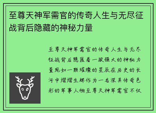 至尊天神军需官的传奇人生与无尽征战背后隐藏的神秘力量