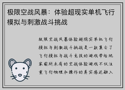 极限空战风暴：体验超现实单机飞行模拟与刺激战斗挑战
