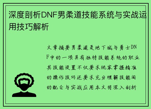 深度剖析DNF男柔道技能系统与实战运用技巧解析